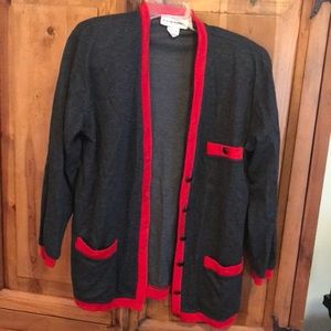 Cathy Daniels cardigan, size medium. Gray with red detailing.